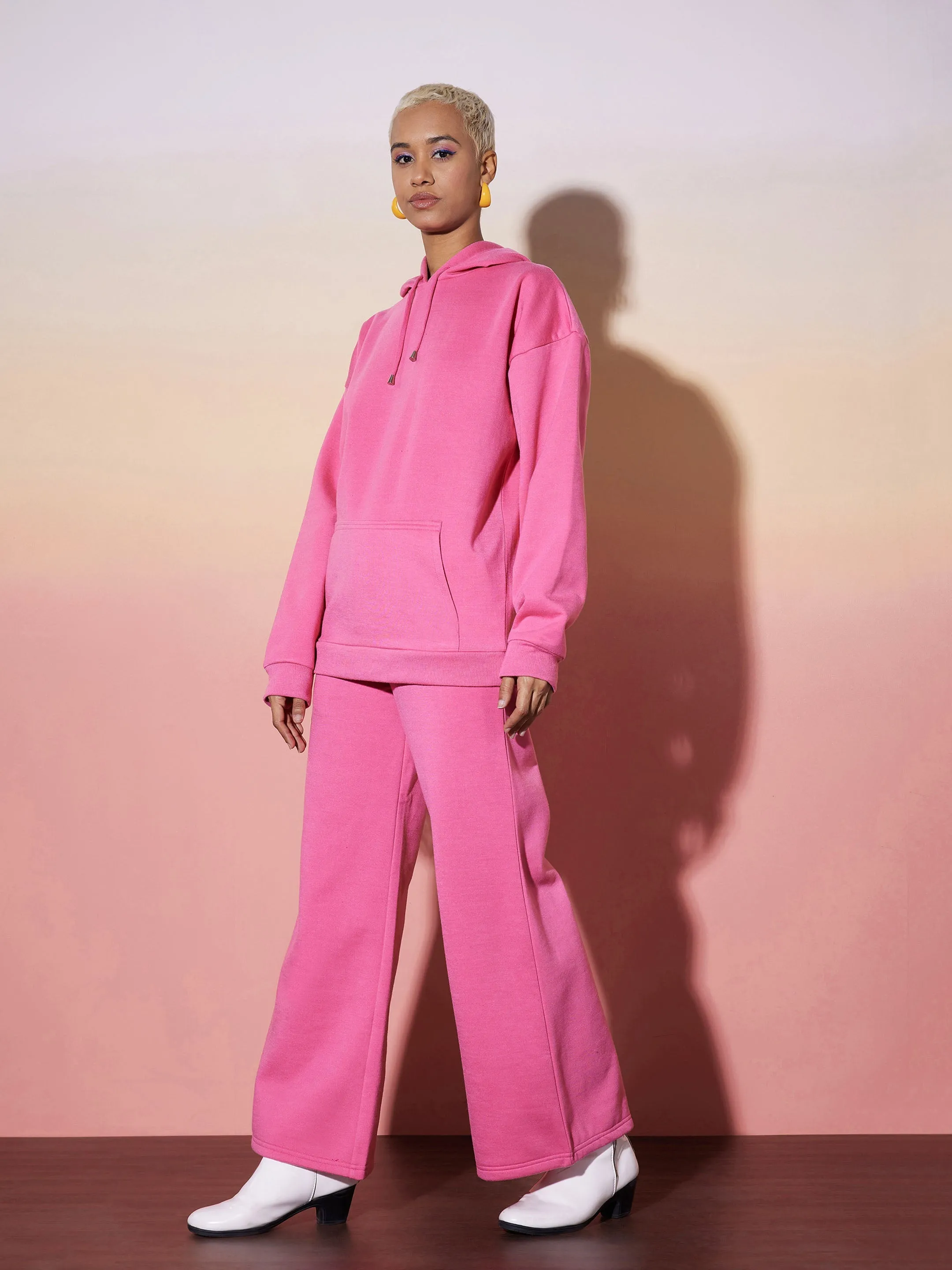 Women Pink Oversize Hooded Sweatshirt Wide Leg Pants