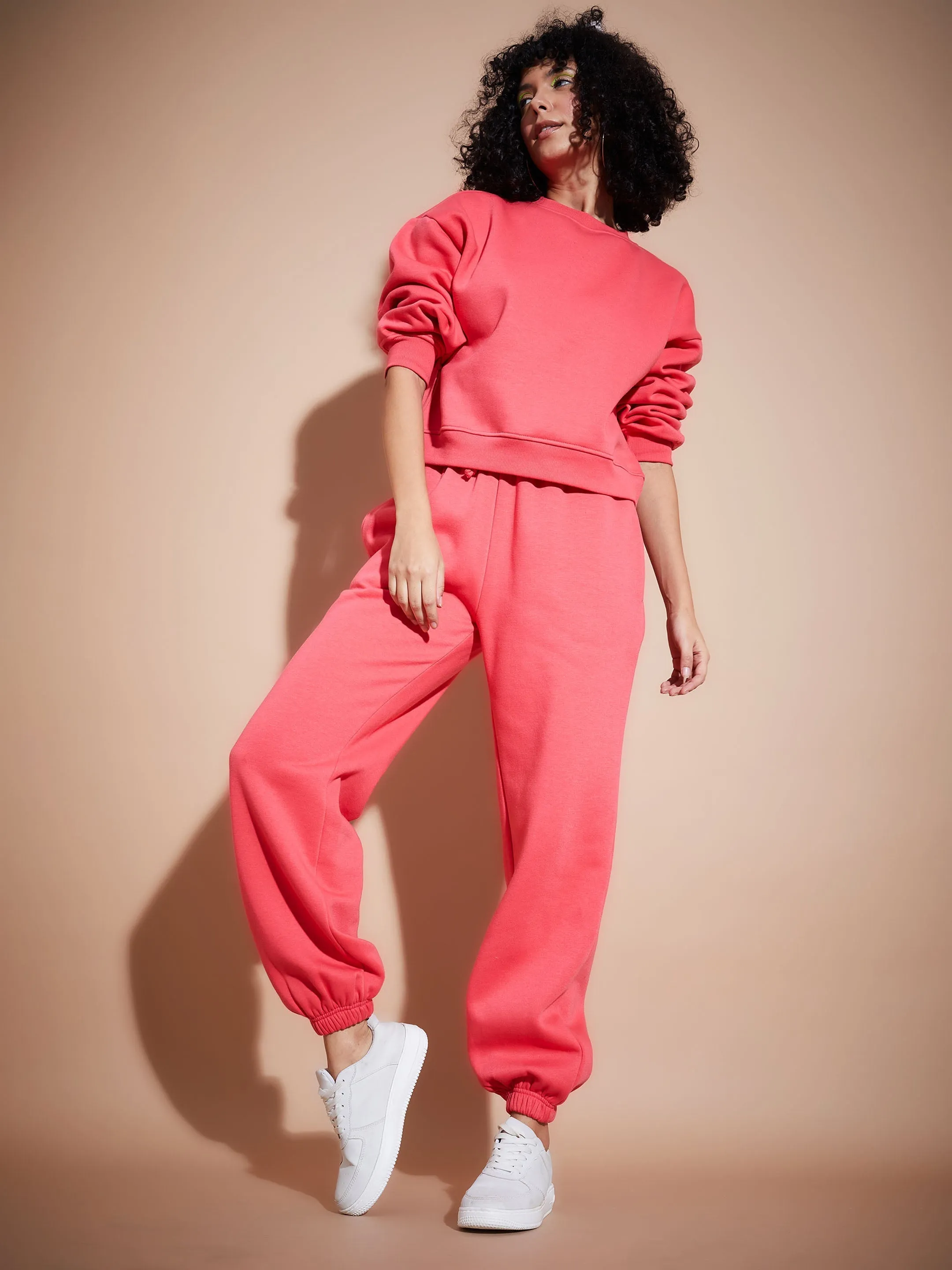 Women Pink Premium Fleece Oversized Sweatshirt With Joggers