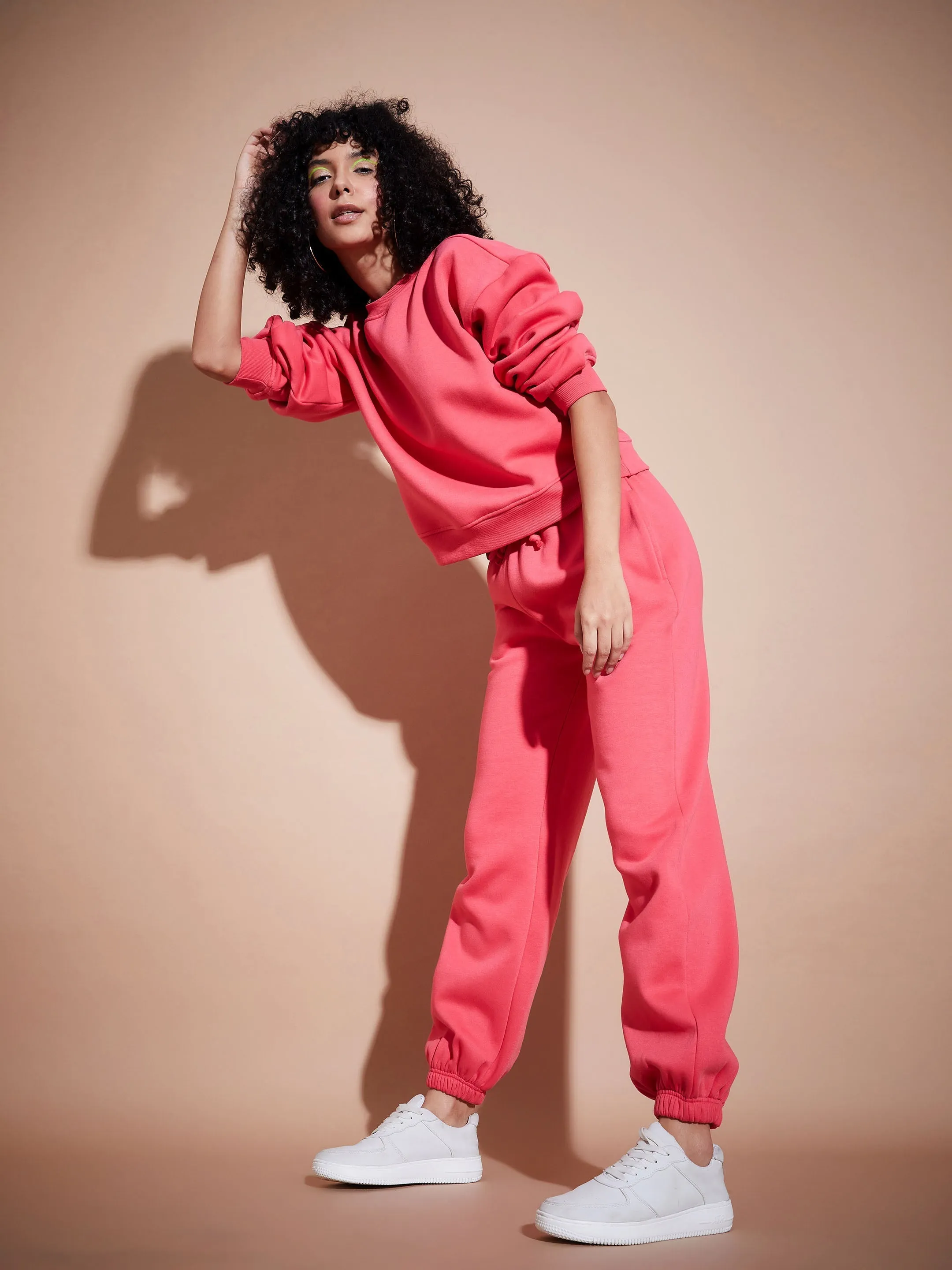 Women Pink Premium Fleece Oversized Sweatshirt With Joggers