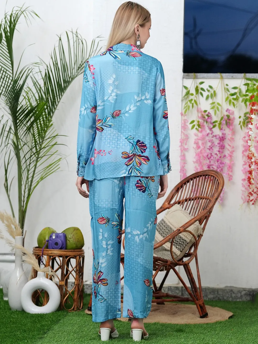 Women Printed Pure Silk Shirt With Trousers Co-Ords