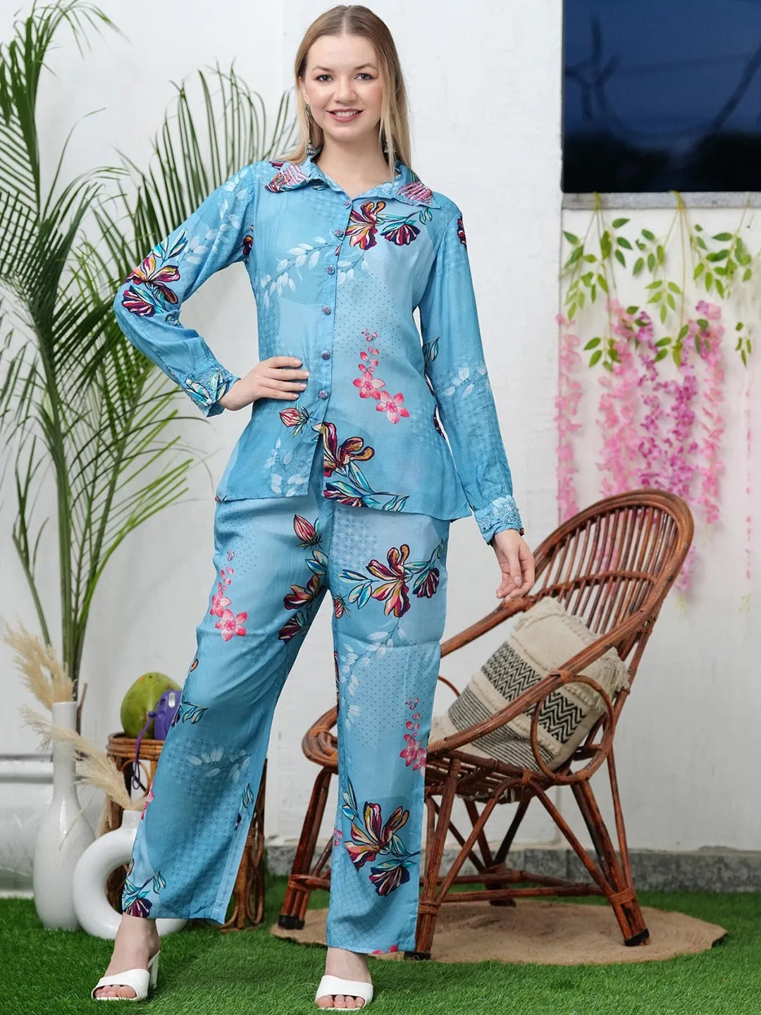 Women Printed Pure Silk Shirt With Trousers Co-Ords