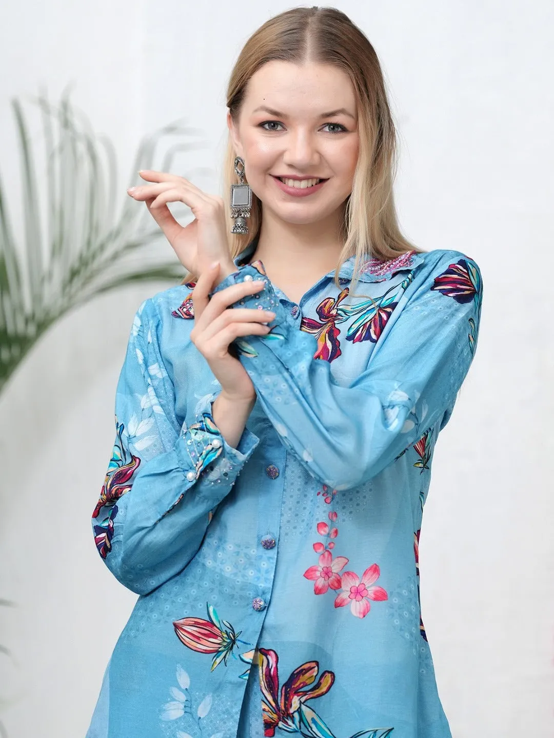 Women Printed Pure Silk Shirt With Trousers Co-Ords