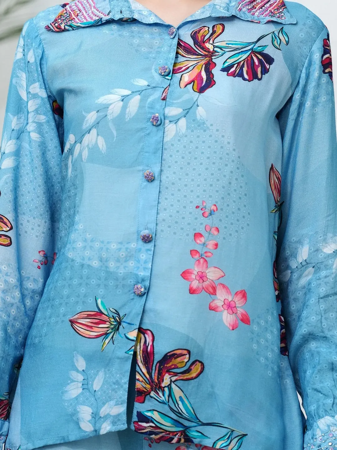 Women Printed Pure Silk Shirt With Trousers Co-Ords