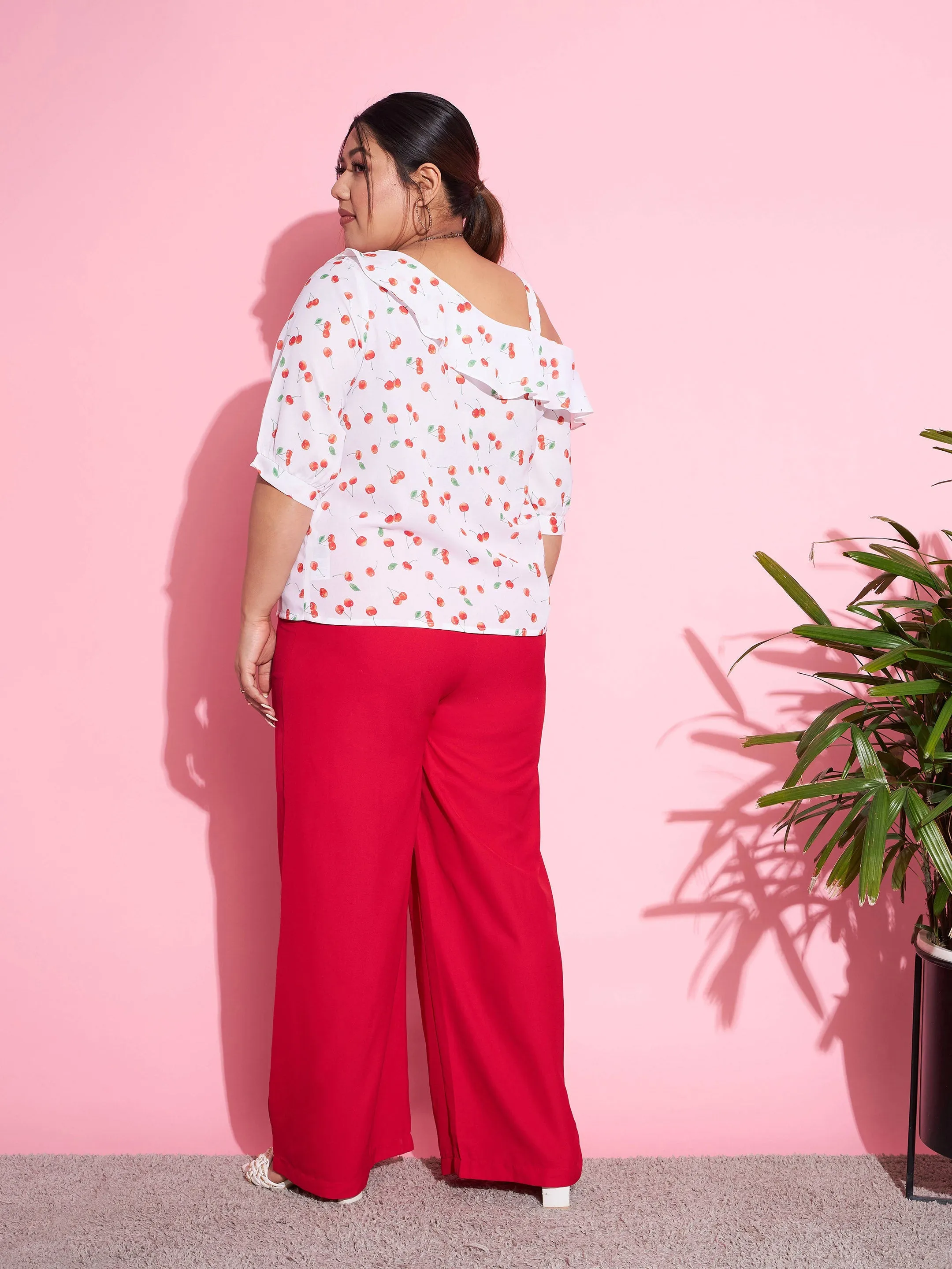 Women Red Cherry One Shoulder Top With Pants