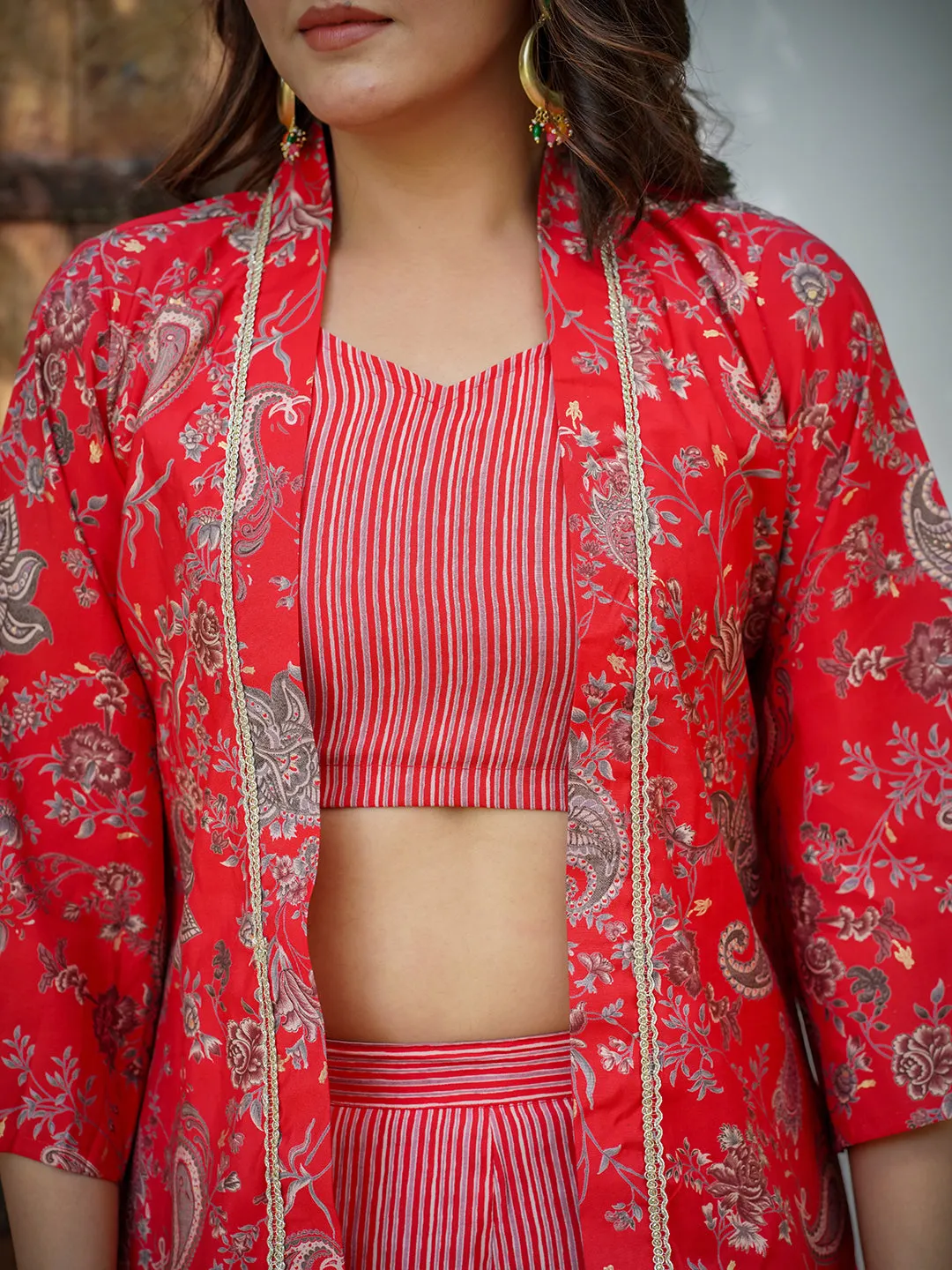 Women Red Silk Blend Co-Ord Set