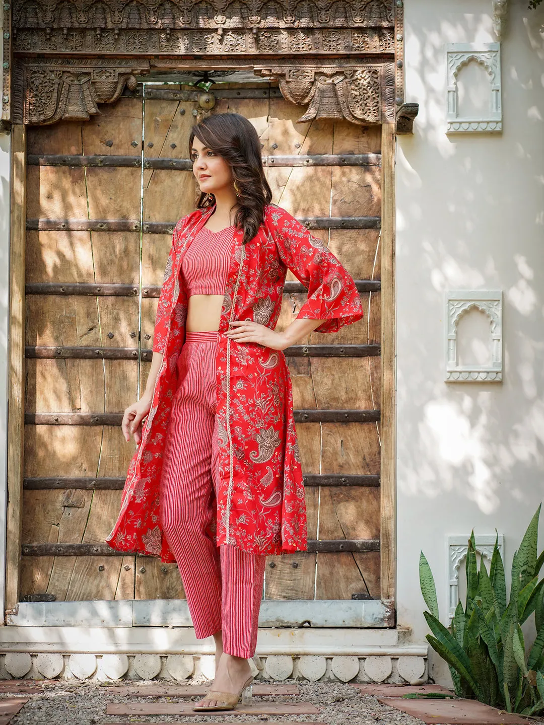 Women Red Silk Blend Co-Ord Set