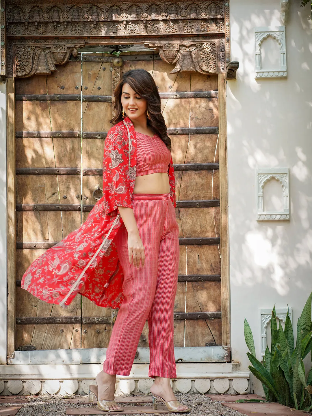 Women Red Silk Blend Co-Ord Set