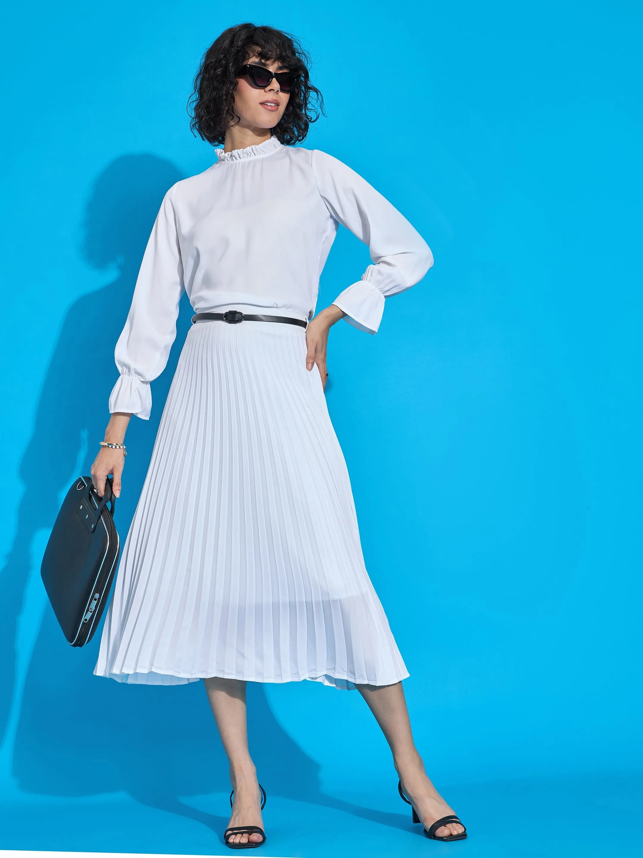 Women White Ruffled Neck Blouse With Pleated Skirt