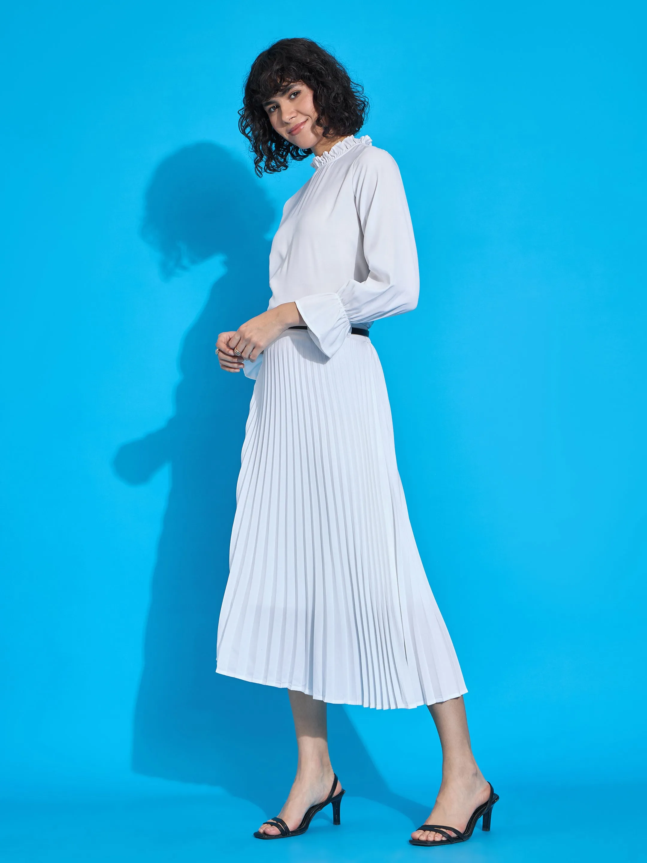 Women White Ruffled Neck Blouse With Pleated Skirt